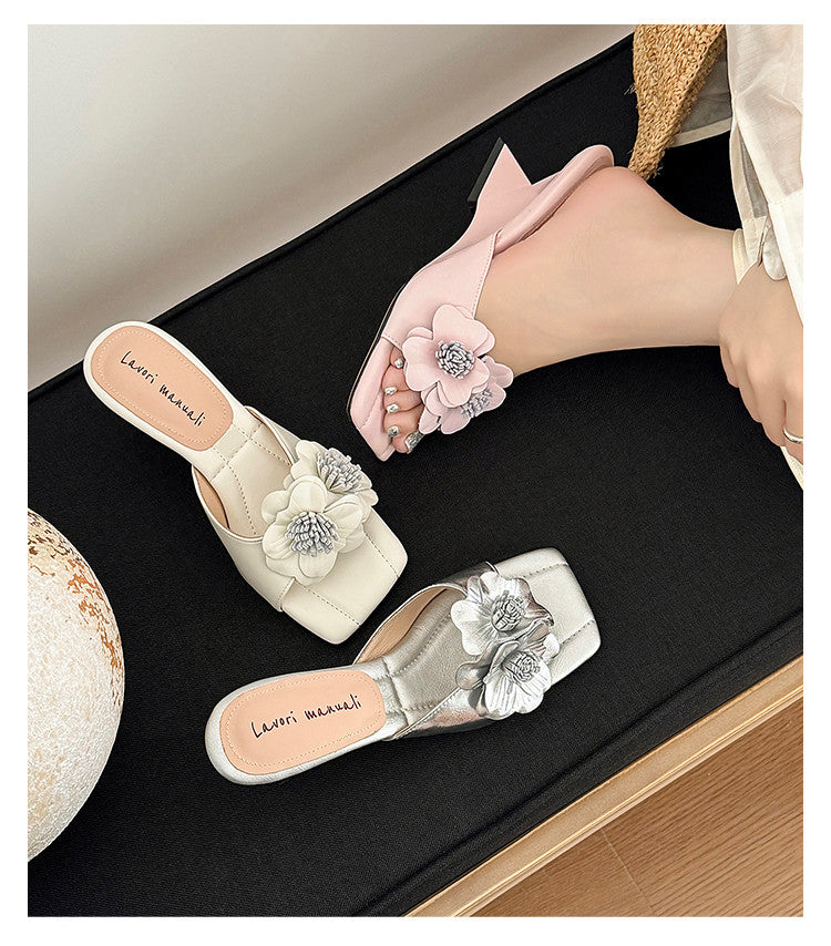 Karin Luna In Stock Spot Goods Camellia Classic style retro square toe shaped heel slippers