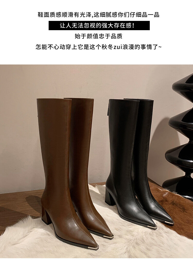 Karin Luna In Stock  In Stock Elegant Metal Pointed Toe Chunky Heel Full Cowhide Leather Riding Boots