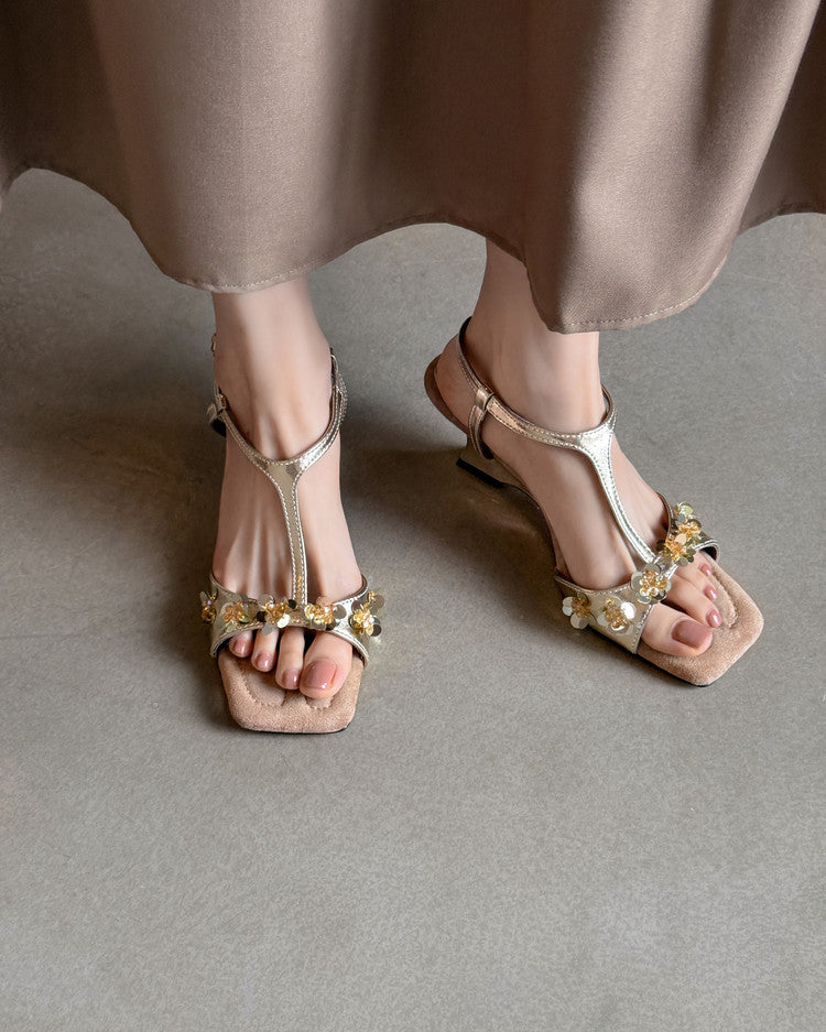 Karin Luna Hot-Selling Sequin Floral Series ~  Square Toe Irregular Heel Square Toe Sandals