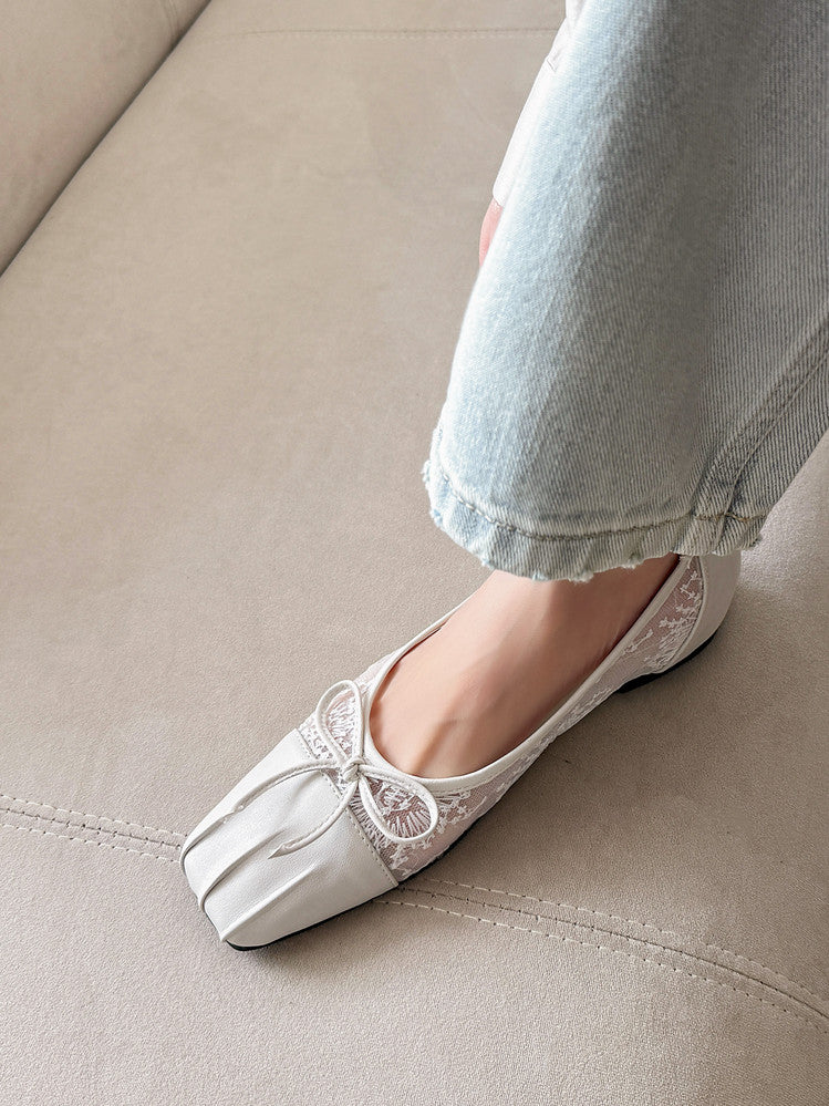 Karin Luna In Stock In Stock  Wrinkled Square Toe Patchwork Breathable Mesh Bow Granny Shoes