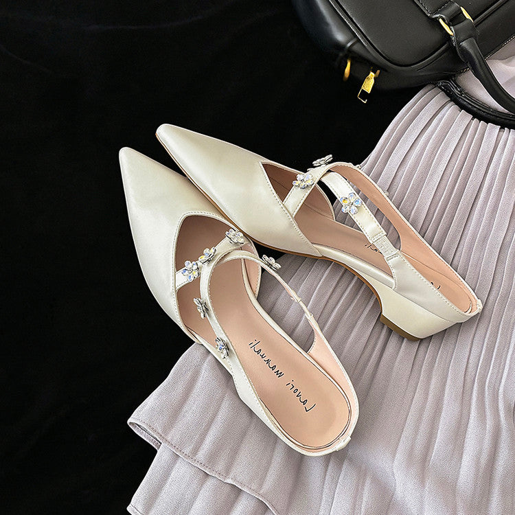 Karin Luna Elegant Pointed Toe Rhinestone Flower High Heel Mules