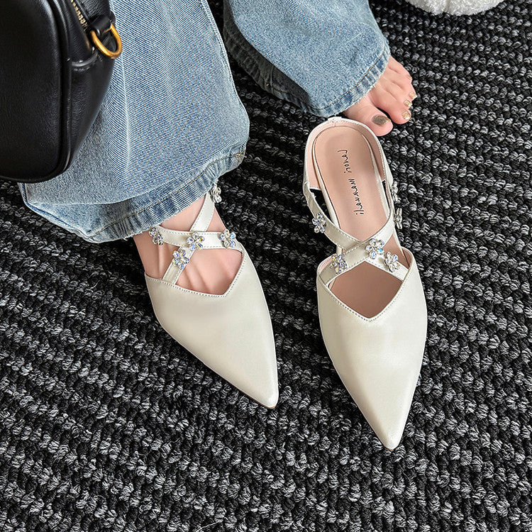 Karin Luna Elegant Pointed Toe Rhinestone Flower High Heel Mules