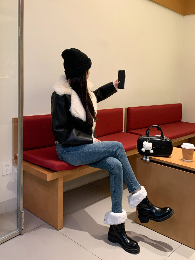Karin Luna Classic Basic Style   Convertible Foldable Hidden Buckle Snow Fur Shoes Full cowhide Basic Flat Short Boots