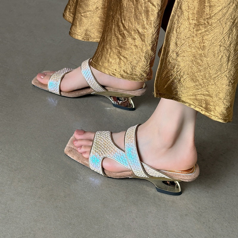 Karin Luna Fish Skin Series~Minimalist Square Toe Popular Irregular Heel Slippers
