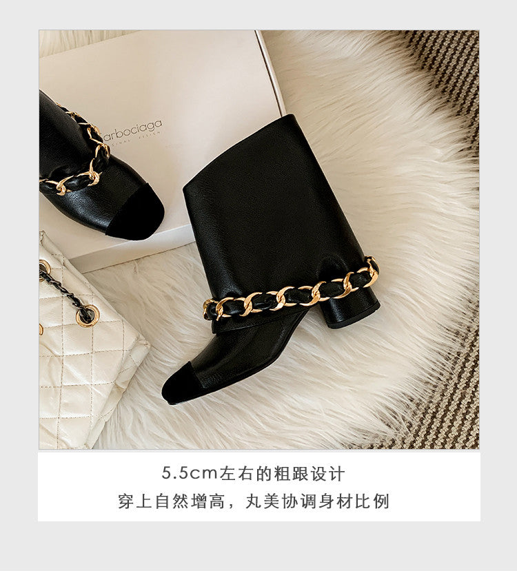 Karin Luna Classic Style Xiangjia Style Chunky Heel Chain Ankle Boots