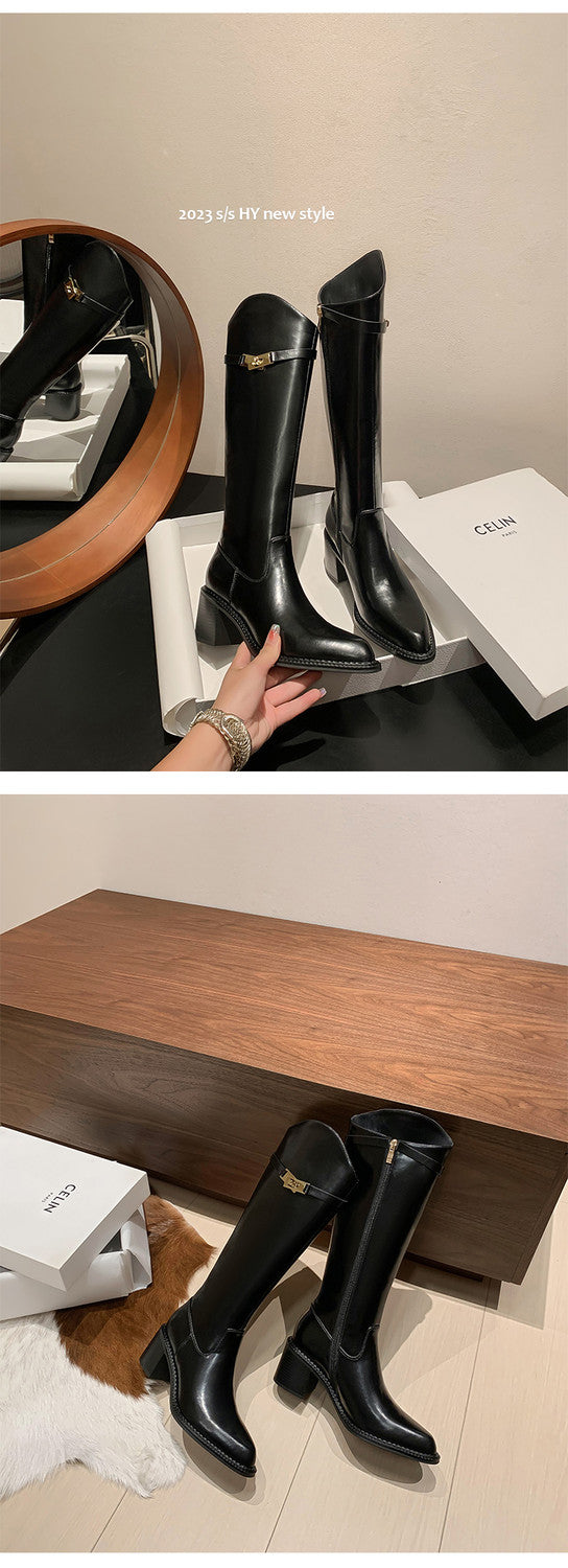 Karin Luna In Stock Spot Goods  Elegant Series~Pointed Toe Chunky Heel Metal Buckle Popular Style Riding Boots