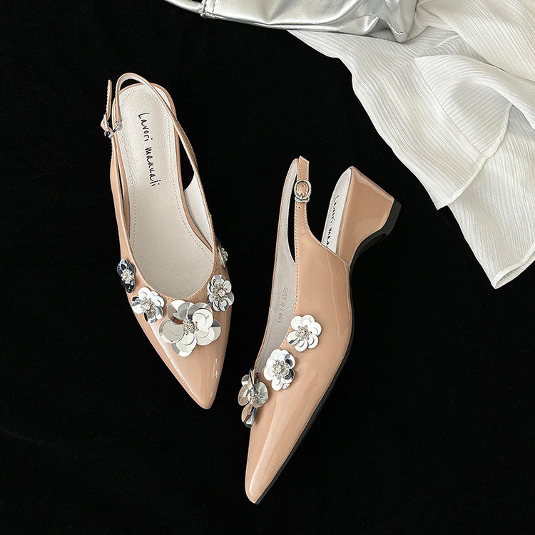 Karin Luna In Stock In Stock  Sequin Floral Pointed Toe Chunky Heel Closed-Toe Sandals