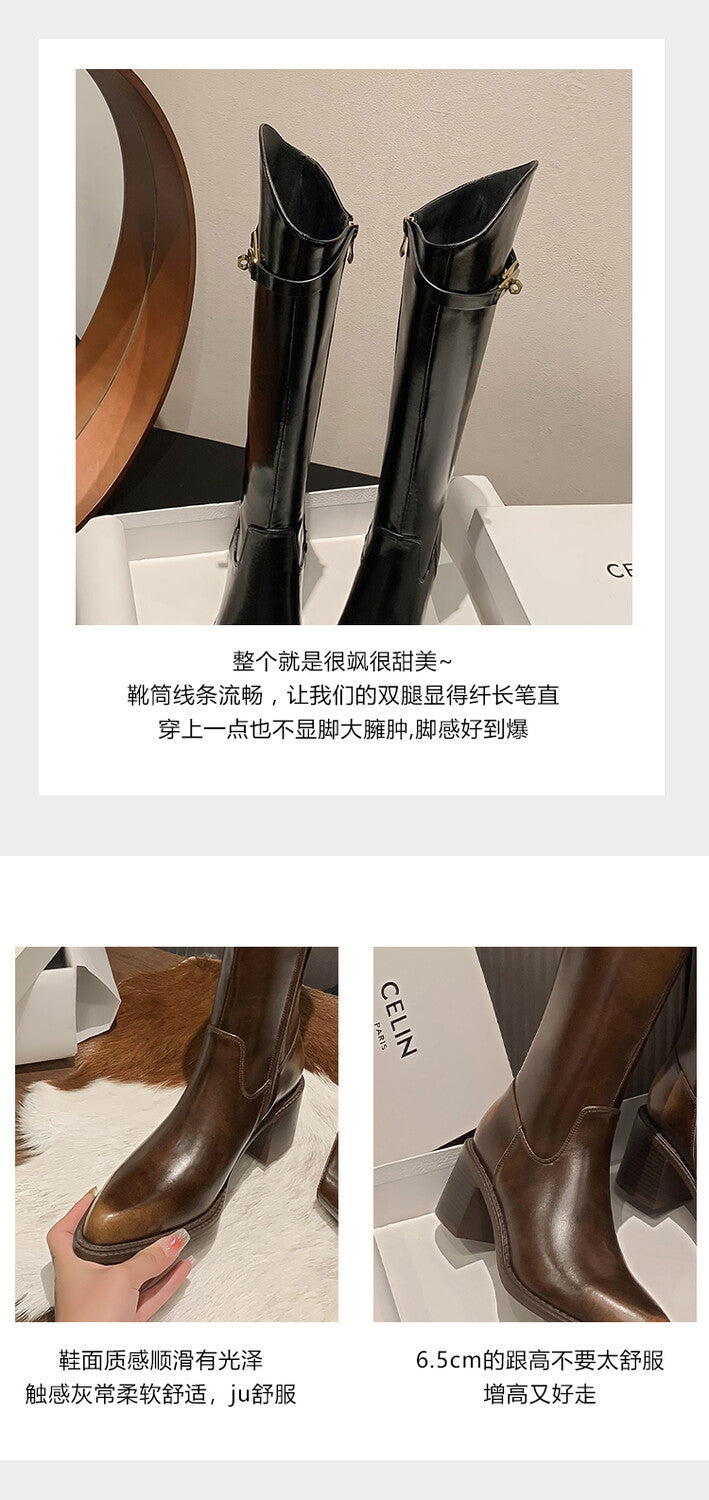 Karin Luna Hot-Selling Fasteners Sold as soon as listed Comes with data plan included Pointed Toe Chunky Heel Classic Full Cowhide Leather Riding Boots
