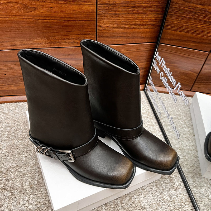 Karin Luna Elegant Style Square Toe Belt Buckle Pants Boot Short Boots