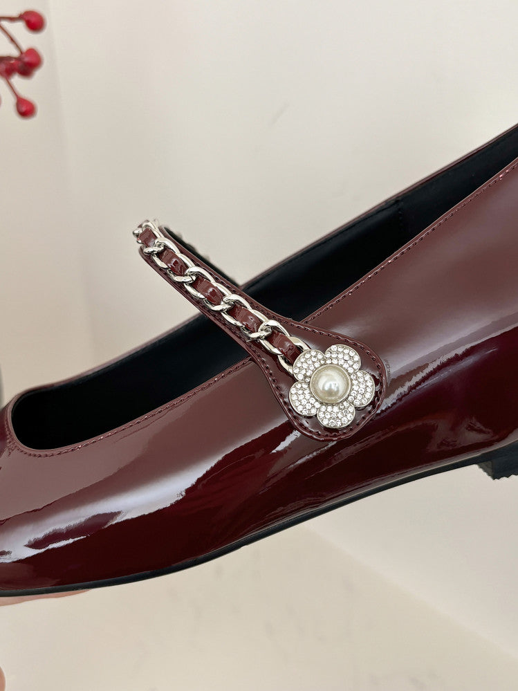 Karin Luna In Stock In Stock ~Metal One-Strap Pearl Small Square Toe Height-Increasing Flats