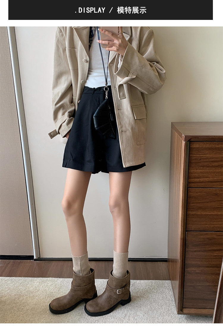Karin Luna In Stock Spot Goods Versatile Basic Round Toe Belt Buckle Thick Sole Tube Boots