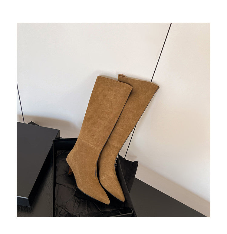 Karin Luna In Stock Spot Goods Retro Cowhide Pointed Toe Stiletto Elegant Long Boots
