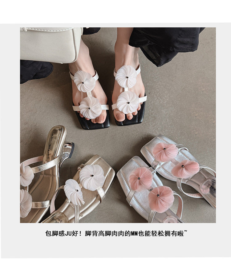 Karin Luna Hot-Selling Floral Square Toe Irregular Heel Floral Slippers