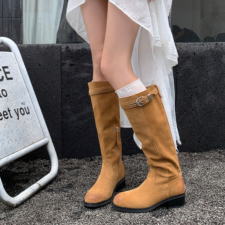 Karin Luna Chunky Heels Round Head Belt Buckle  Fashionable Suede Boots