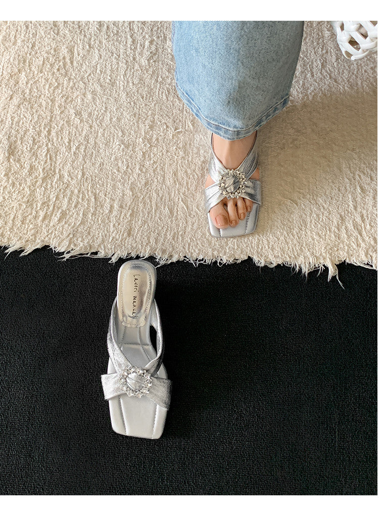 Karin Luna In Stock In Stock Elegant Square-Toe Cross-Strap Rhinestone Square-Toe Slippers