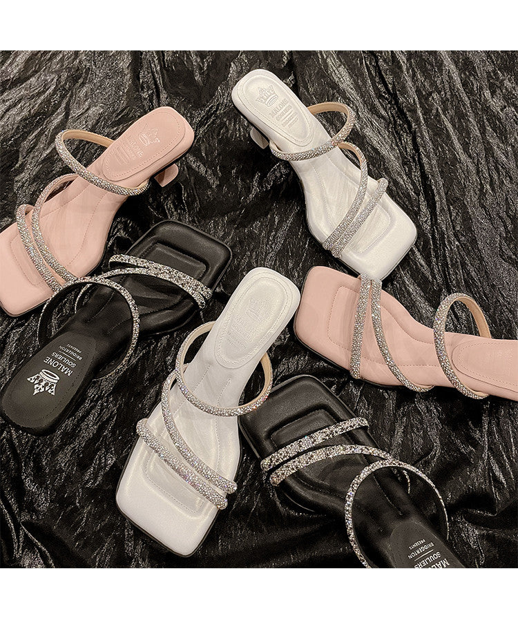 Karin Luna In Stock Spot Goods  Minimalist Versatile Square Toe Rhinestone Strap Open-Toe Sandals