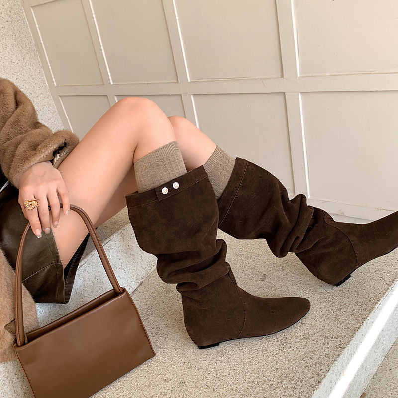 Karin Luna In Stock Spot Goods  Bestselling Suede Leather Sold Out Fast: Pile of Matte Inner Height-Increasing Western Boots