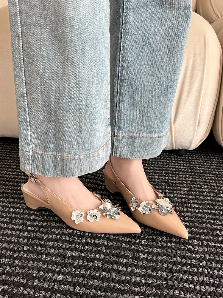 Karin Luna In Stock In Stock  Sequin Floral Pointed Toe Chunky Heel Closed-Toe Sandals