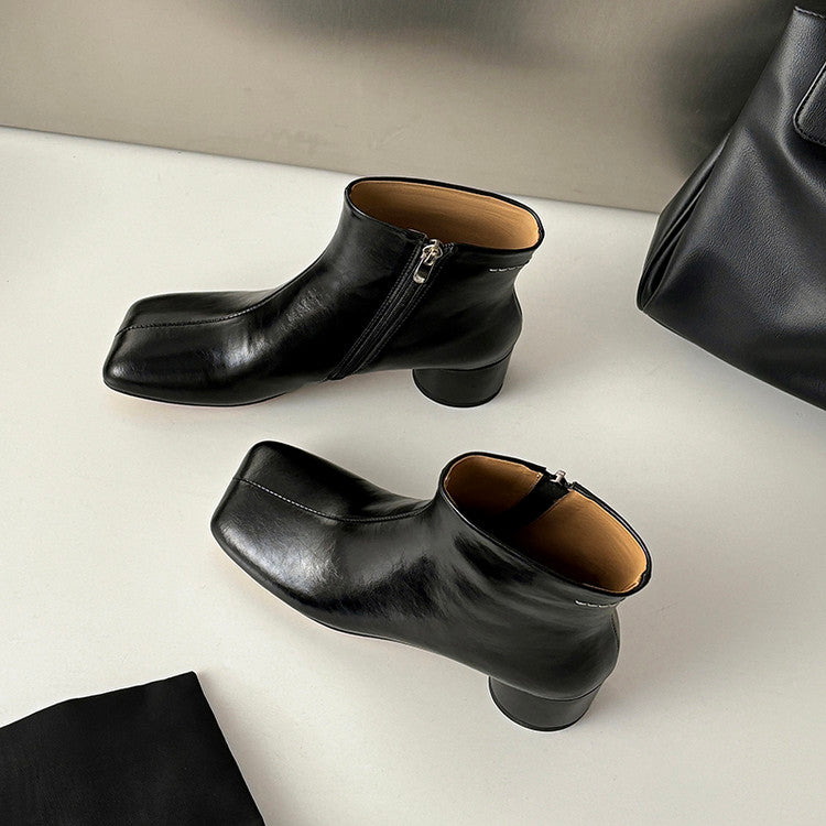 Karin Luna French Style Square Toe Chunky Heel Ankle Boots