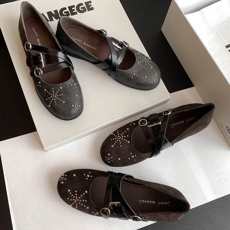 Karin Luna In Stock Spot Goods Studded Rivet Hidden Wedge Mary Jane Shoes