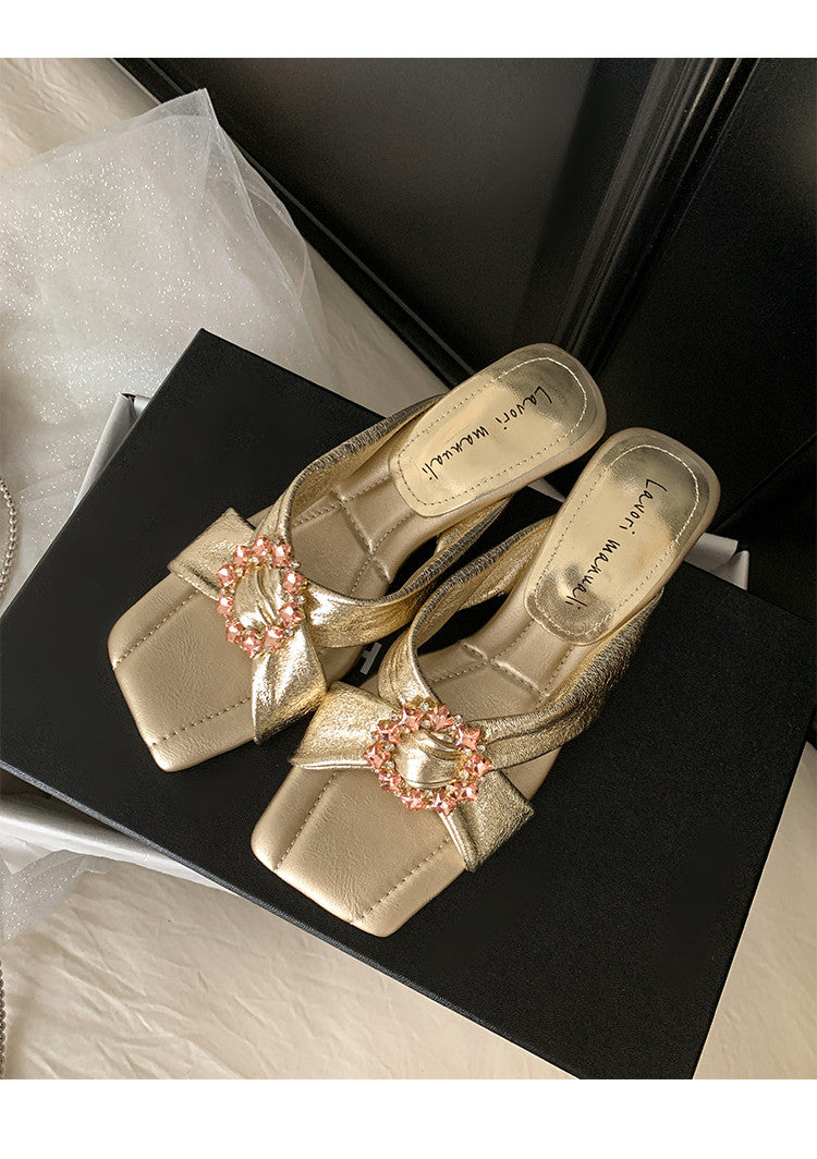 Karin Luna In Stock In Stock Elegant Square-Toe Cross-Strap Rhinestone Square-Toe Slippers