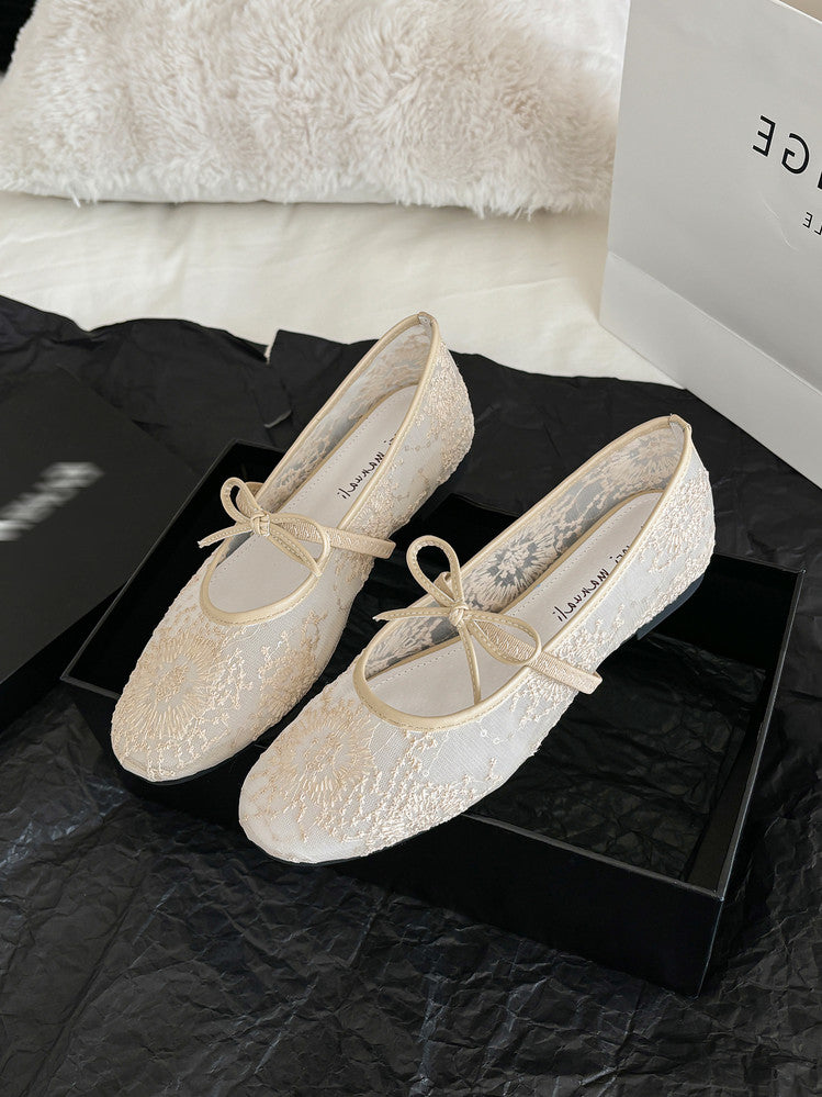 Karin Luna In Stock Spot Goods  Summer Breathable Retro Embroidered Bow Granny Shoes