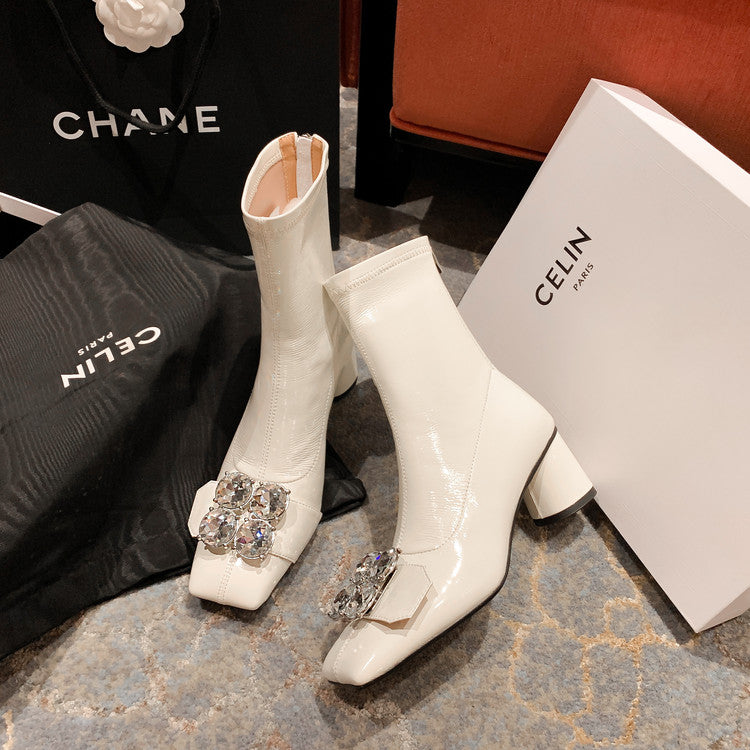 Karin Luna In Stock  Elegant Style Square Toe Rhinestone Chunky Heel Ankle Boots
