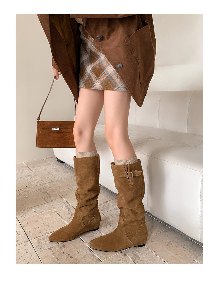 Karin Luna In Stock Spot Goods Vintage Cowhide Leather Chunky Heel Height Increasing Long Boots