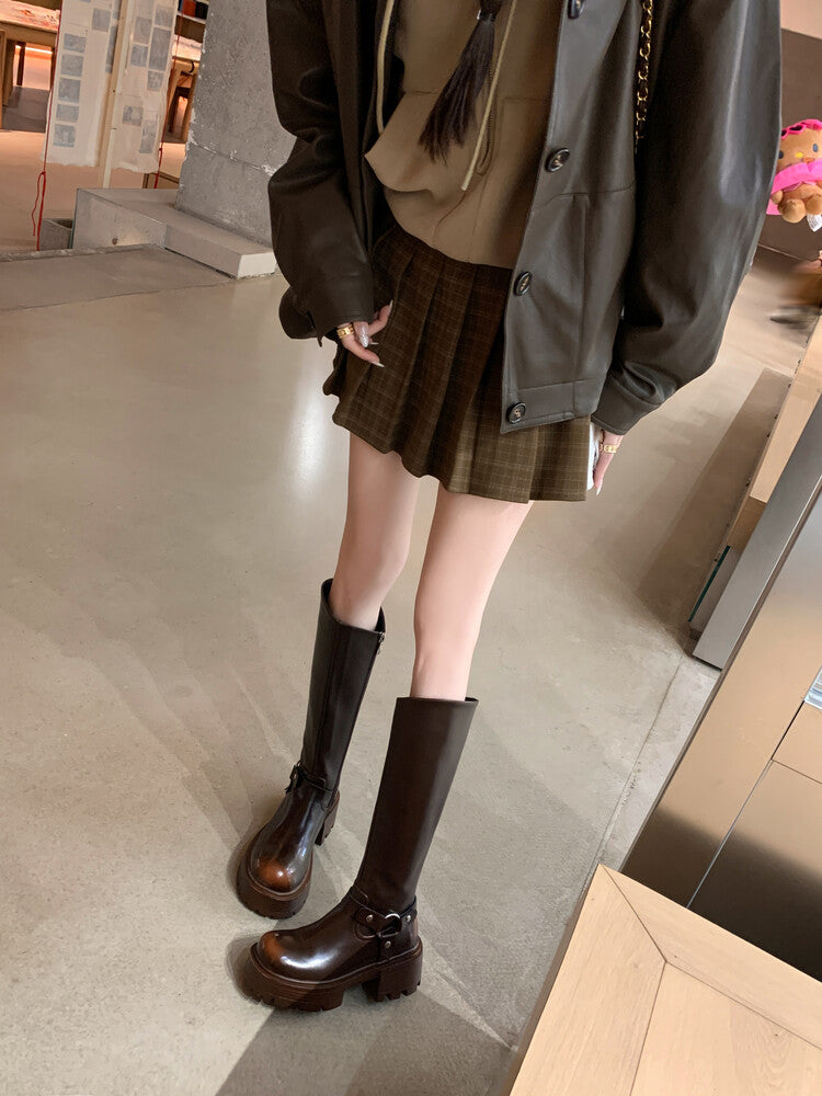Karin Luna In Stock In Stock Slimming Diagonal Cut Tube Top  Best-selling in stock Retro Metal Buckle Thick-Soled Long Boots