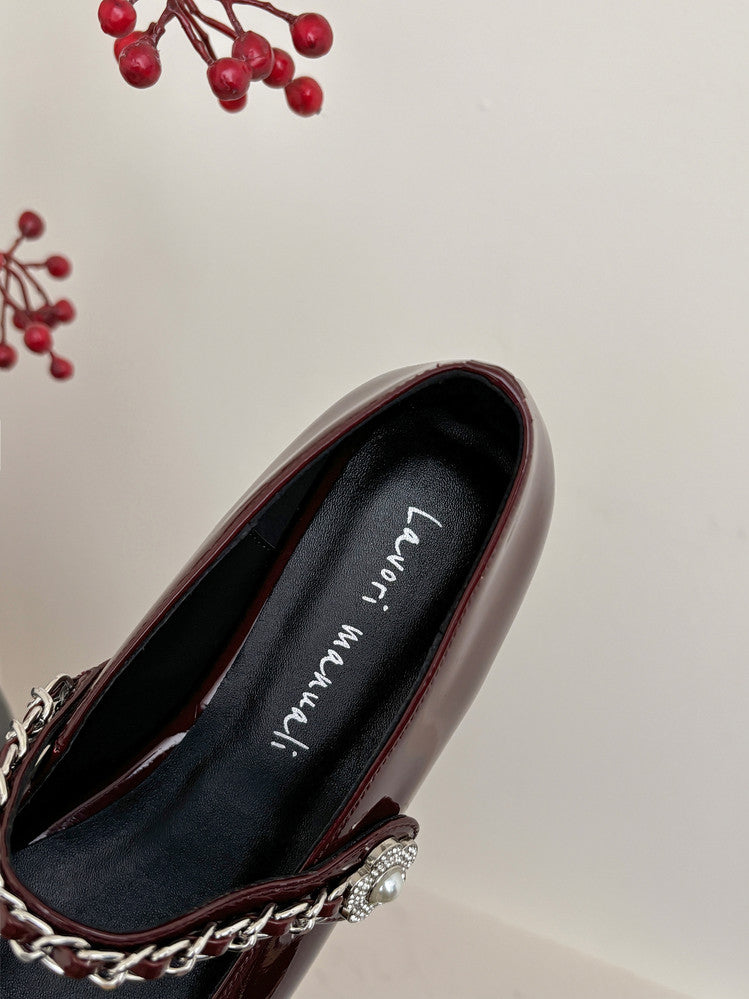 Karin Luna In Stock In Stock ~Metal One-Strap Pearl Small Square Toe Height-Increasing Flats