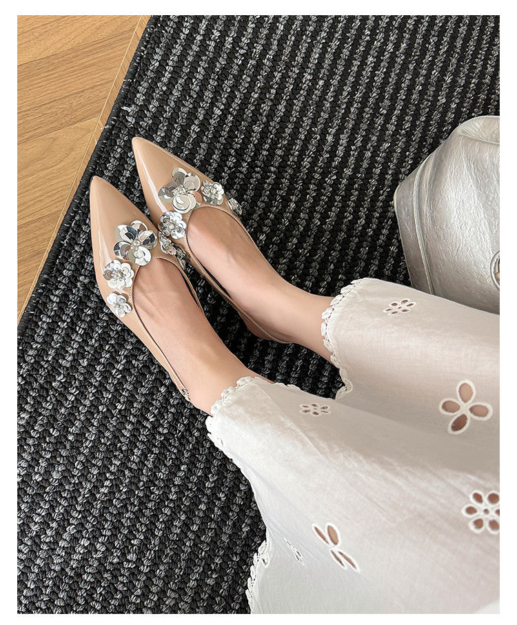 Karin Luna In Stock In Stock  Sequin Floral Pointed Toe Chunky Heel Closed-Toe Sandals