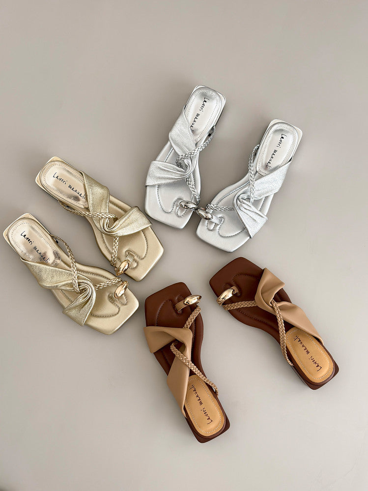 Karin Luna  Square Toe Braided Cross Thick Heel Flat Slippers