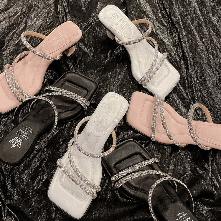 Karin Luna In Stock Spot Goods  Minimalist Versatile Square Toe Rhinestone Strap Open-Toe Sandals