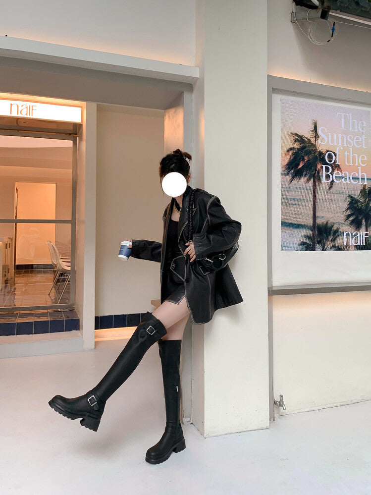 Karin Luna In Stock Spot Goods  Hot-Selling Derivative Edition  Vintage Belt Buckle Thick Sole Round Toe Over-the-Knee Sheepskin Hot-Selling Long Boots