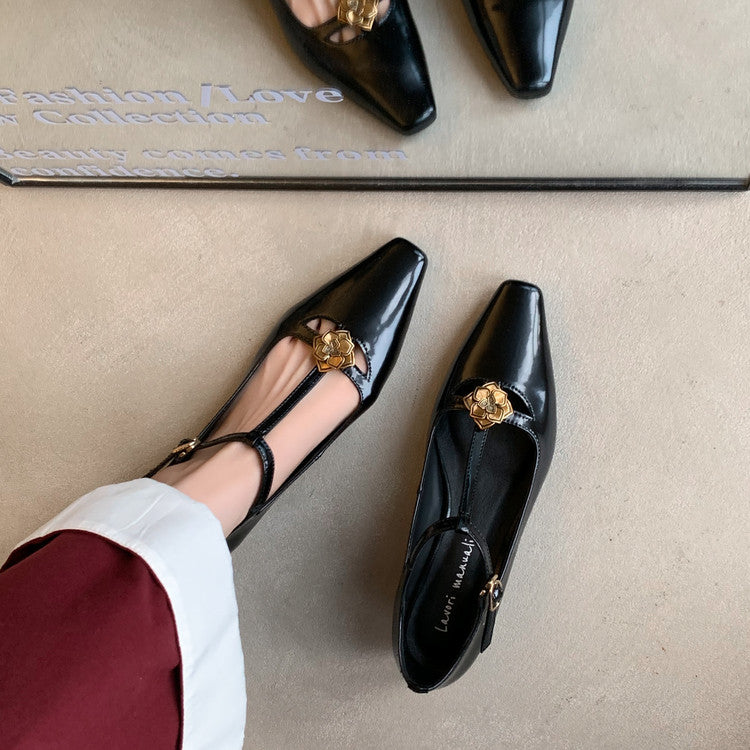 Karin Luna In Stock Spot Goods    Retro Classic Metal Camellia Irregular Heel Single Shoes