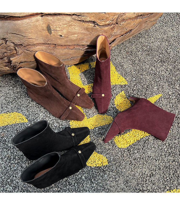 Karin Luna Elegant Style Small Square Toe Belt Buckle Thin Heel Short Boots