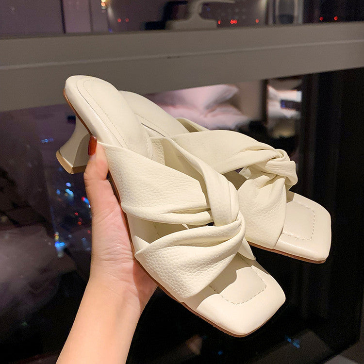 Karin Luna In Stock In Stock  Comfortable Cross Strap  Airy High Heel Square Toe Slippers