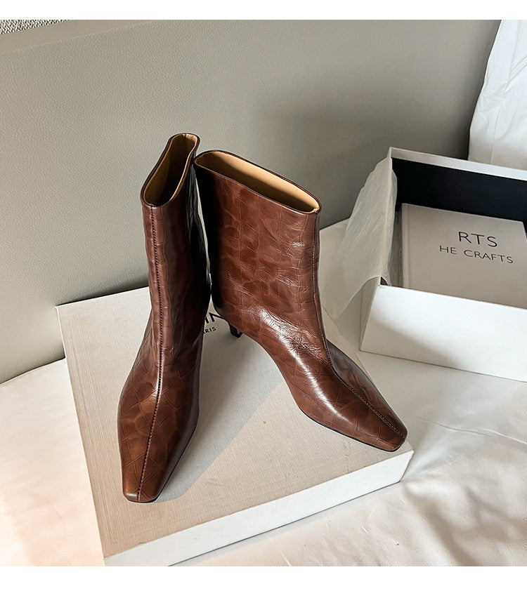 Karin Luna In Stock Spot Goods Top Layer Stone Pattern Cowhide Textured Small Square Toe Straight Short Boots