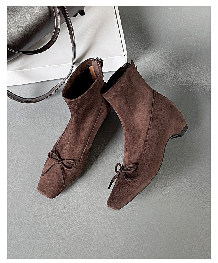 Karin Luna French Style Square Toe Bowknot Hidden Wedge Slim Boots