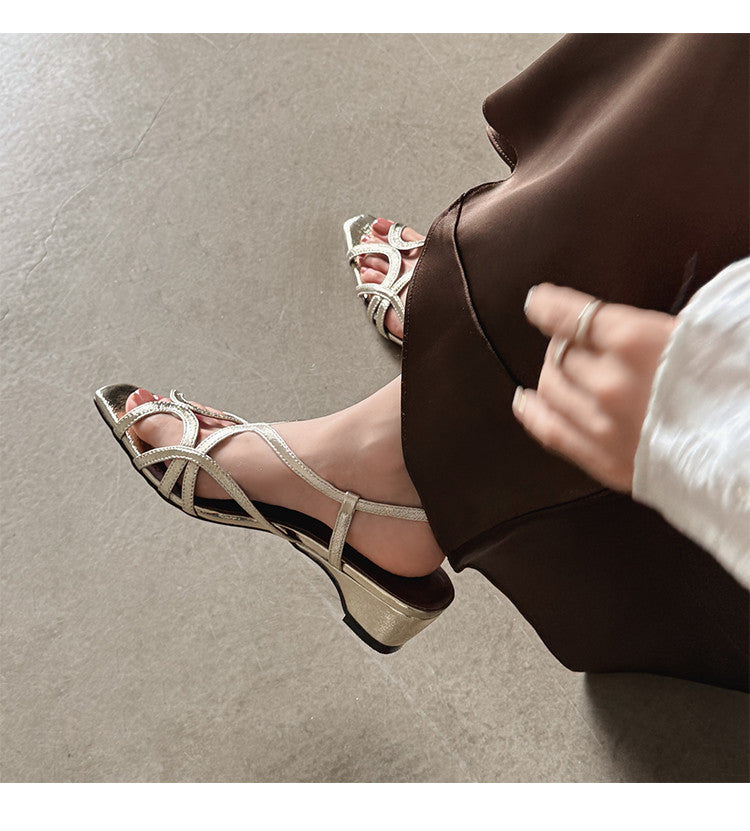 Karin Luna French Hollow Style Small Square Toe Chunky Heel Sandals