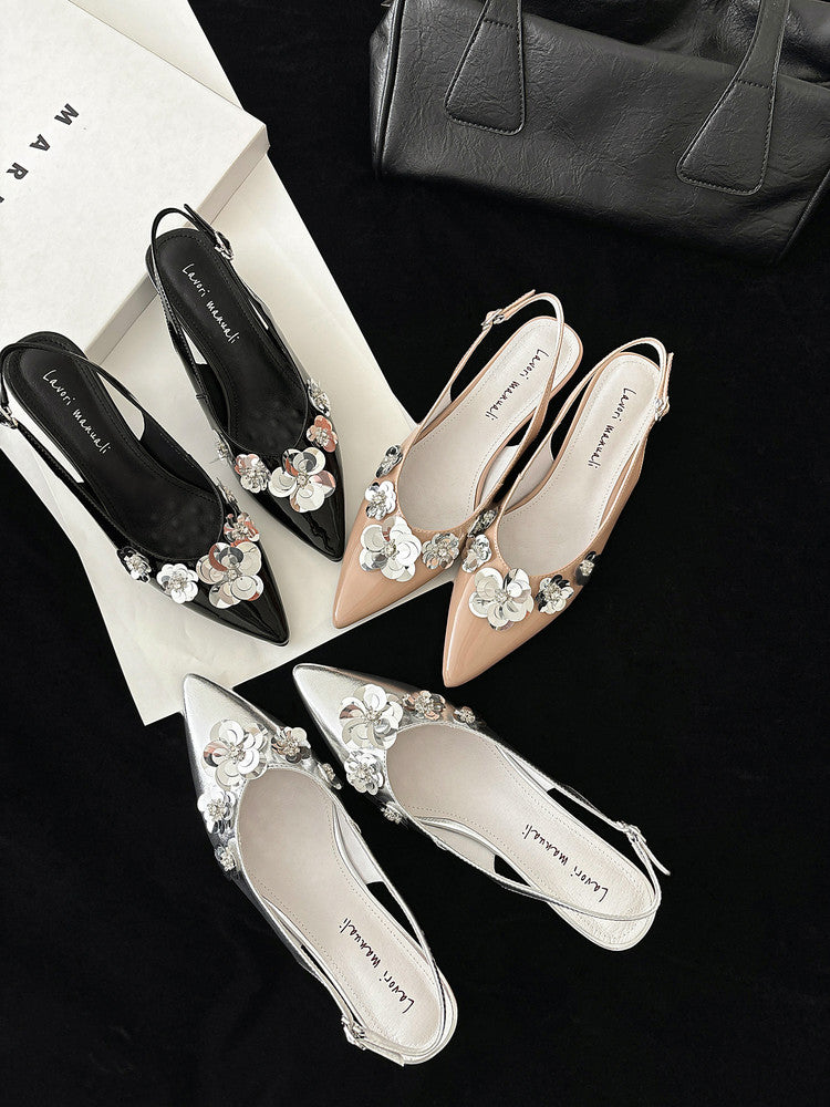 Karin Luna In Stock In Stock  Sequin Floral Pointed Toe Chunky Heel Closed-Toe Sandals