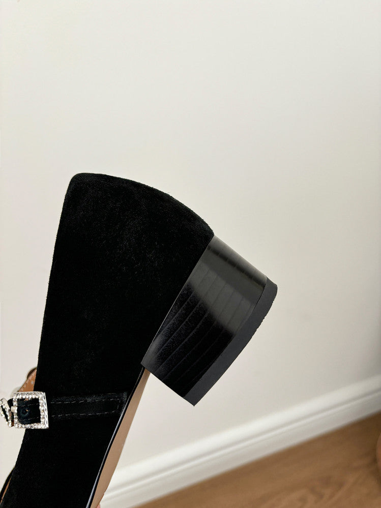 Karin Luna In Stock Spot Goods  Vintage Full Leather Square Toe Rhinestone Strap Shallow Mouth Single Shoes