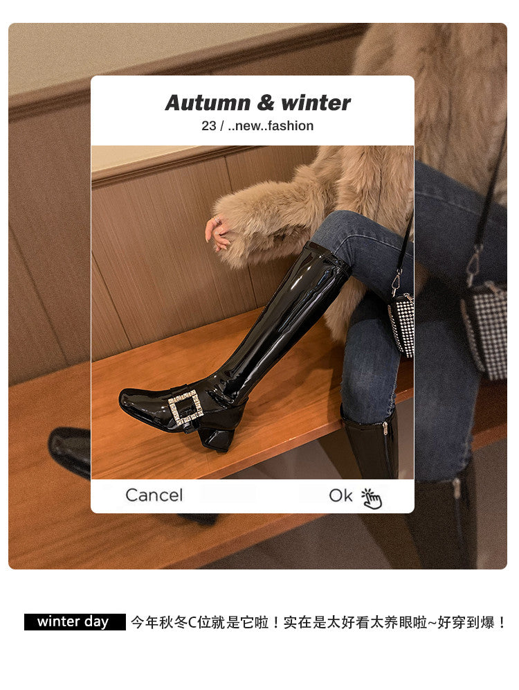 Karin Luna Elegant Style Ultra Slimming Rhinestone Chunky Heel British Style Riding Boots Long Boots