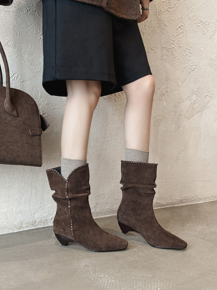 Karin Luna Elegant Style Small Square Toe Pleated Short Boots