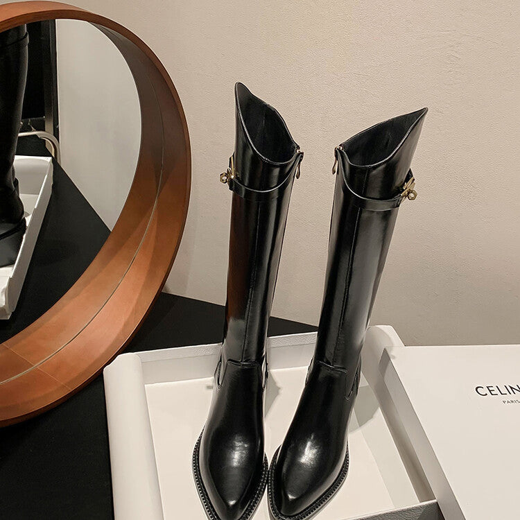 Karin Luna Hot-Selling Fasteners Sold as soon as listed Comes with data plan included Pointed Toe Chunky Heel Classic Full Cowhide Leather Riding Boots