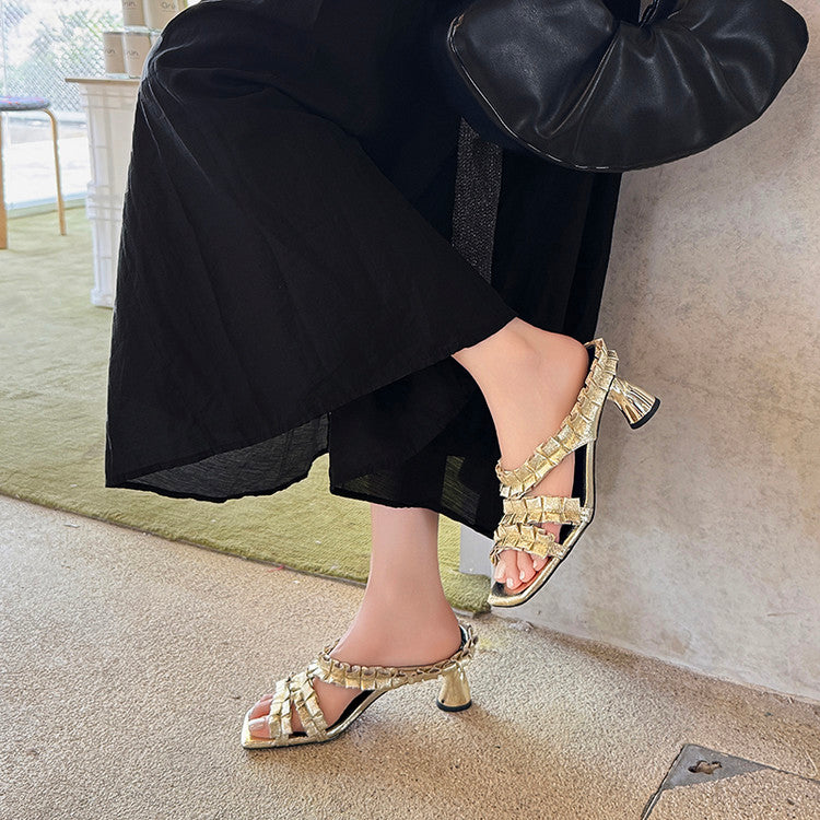 Karin Luna In Stock  Spot Goods  Unique Square-Toe Pleated Lace Sandals