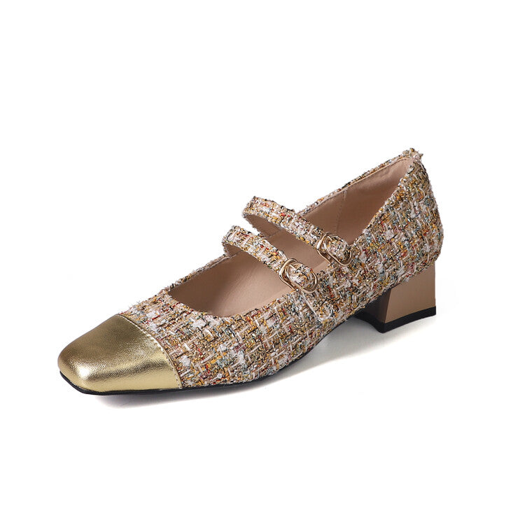 Karin Luna Classic Chanel Style~ Tweed Spring Limit Square Toe Chunky Heel Mary Jane Strap Single Shoes