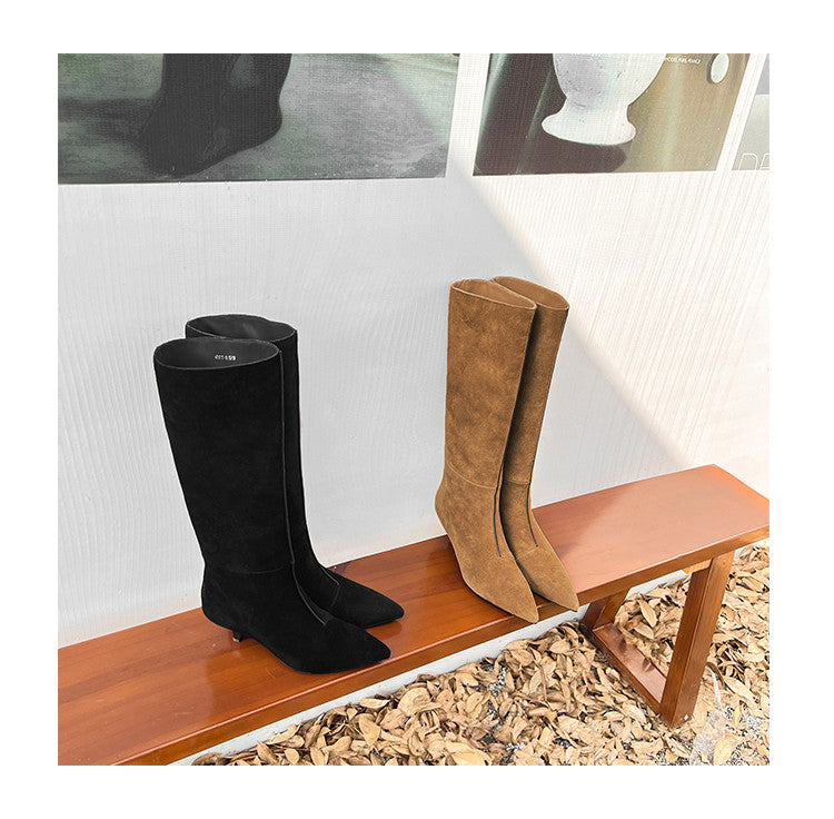 Karin Luna In Stock Spot Goods Retro Cowhide Pointed Toe Stiletto Elegant Long Boots