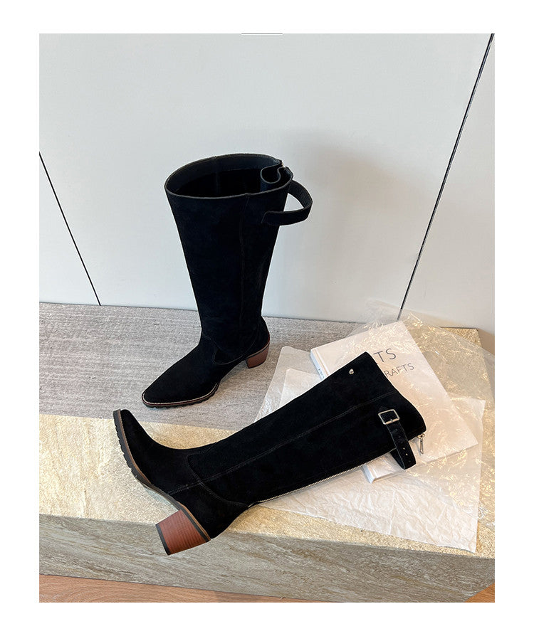 Karin Luna In Stock Spot Goods Retro Cowhide Leather Chunky Heel Suede Long Boots