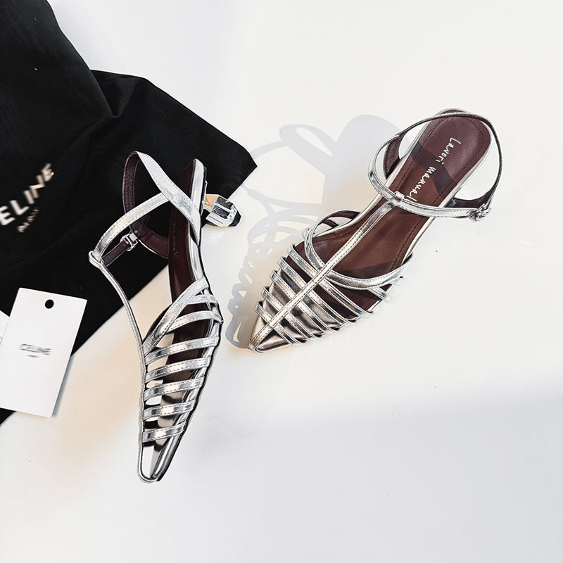 Karin Luna French Hollow Toe Metal Heel Elegant Sandals